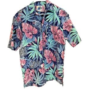 Vintage The Men's Store Shirt Mens Medium Blue Pink Green Leaf Hawaiian 90s USA
